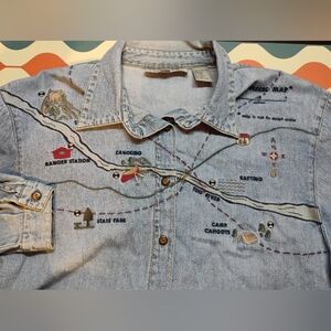 Vintage Northern Isles Womans 12 Denim Embroidered Map Long Sleeve Button Up